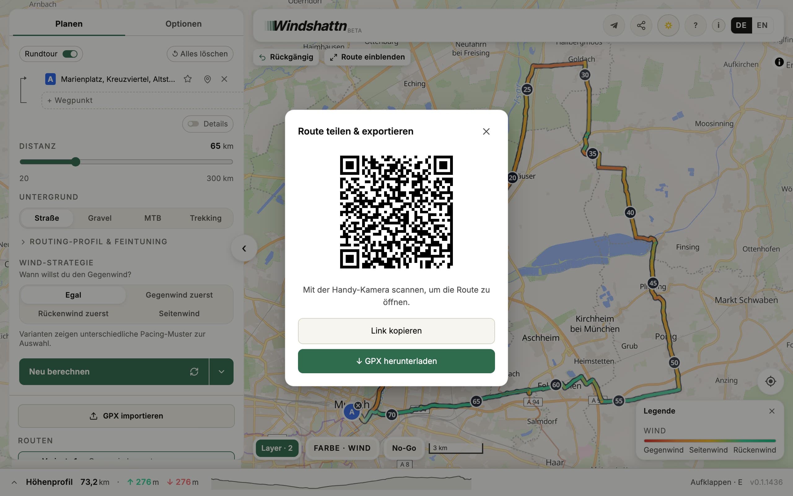 Export-Dialog mit GPX-Download, QR-Code zum Teilen und GPX-Import