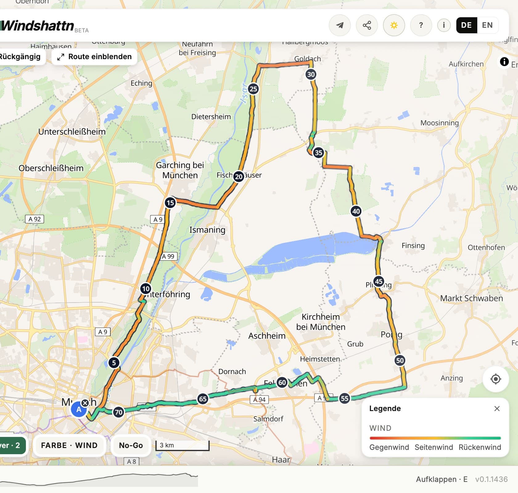 Geplante Rundtour ab einem Startpunkt, erste Variante der Streckenführung