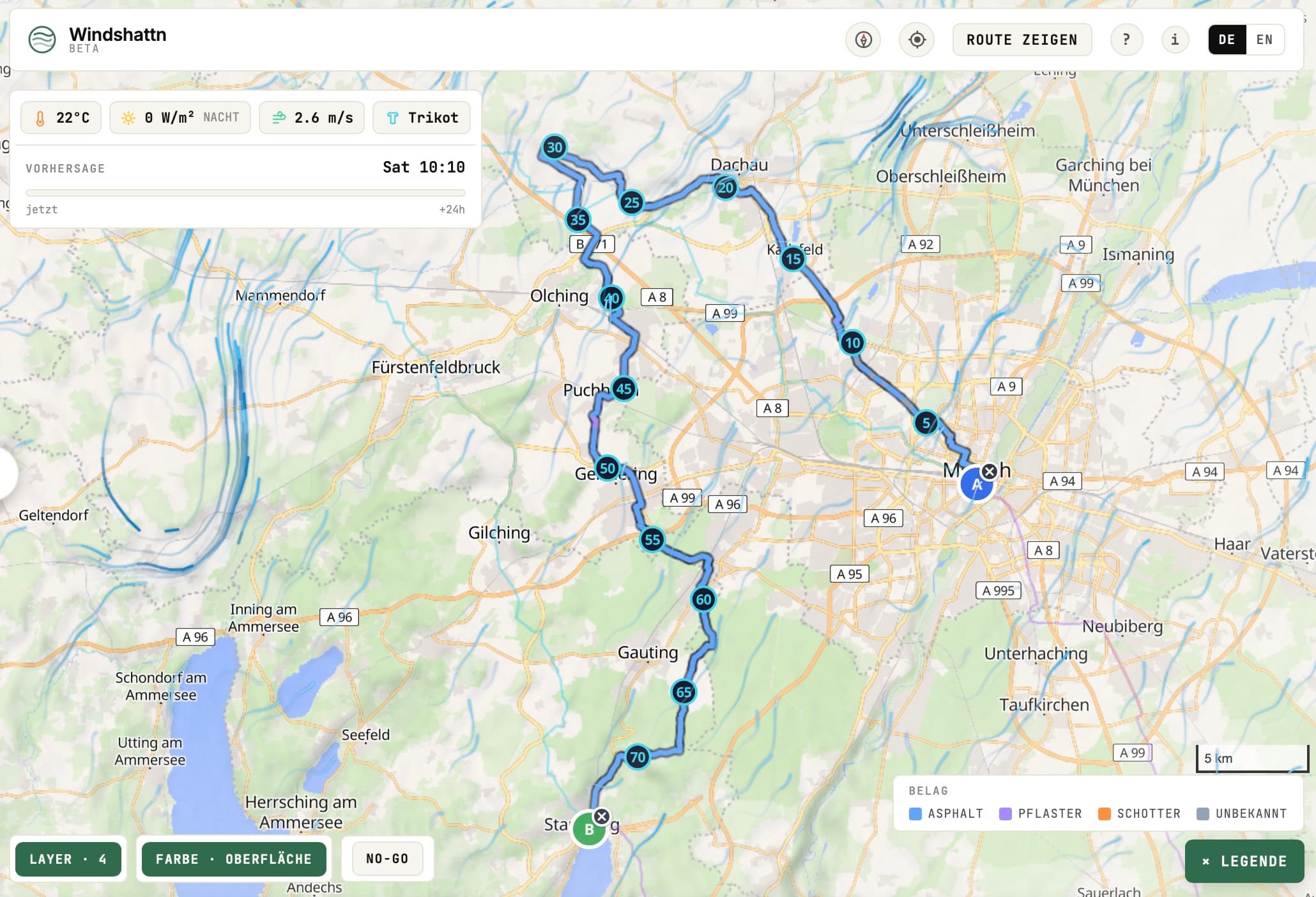 Karte mit Untergrund-Färbung der Route — Asphalt blau, Pflaster lila, Schotter orange