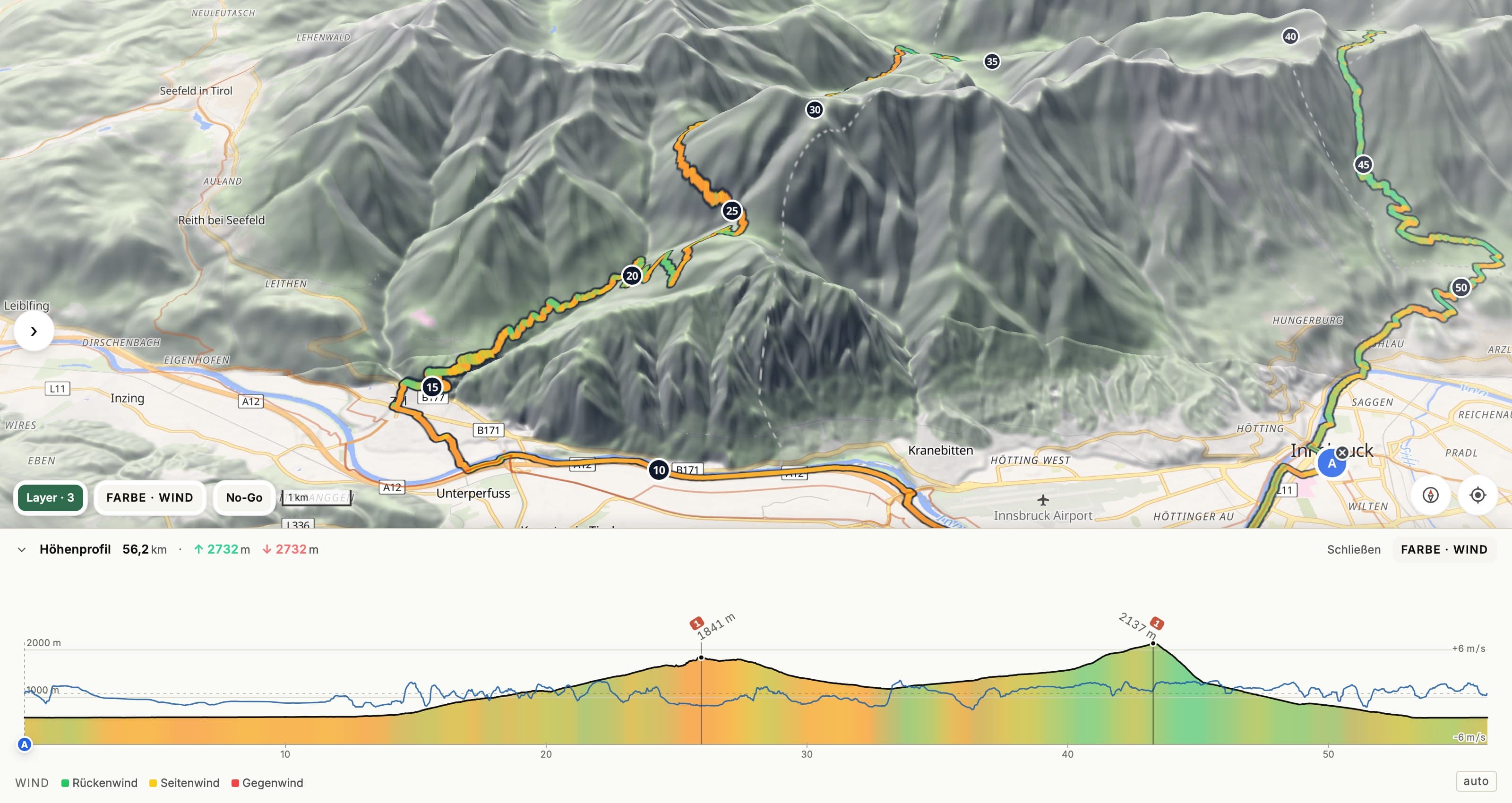 3D-Ansicht einer Alpenroute mit unten angedocktem Höhenprofil