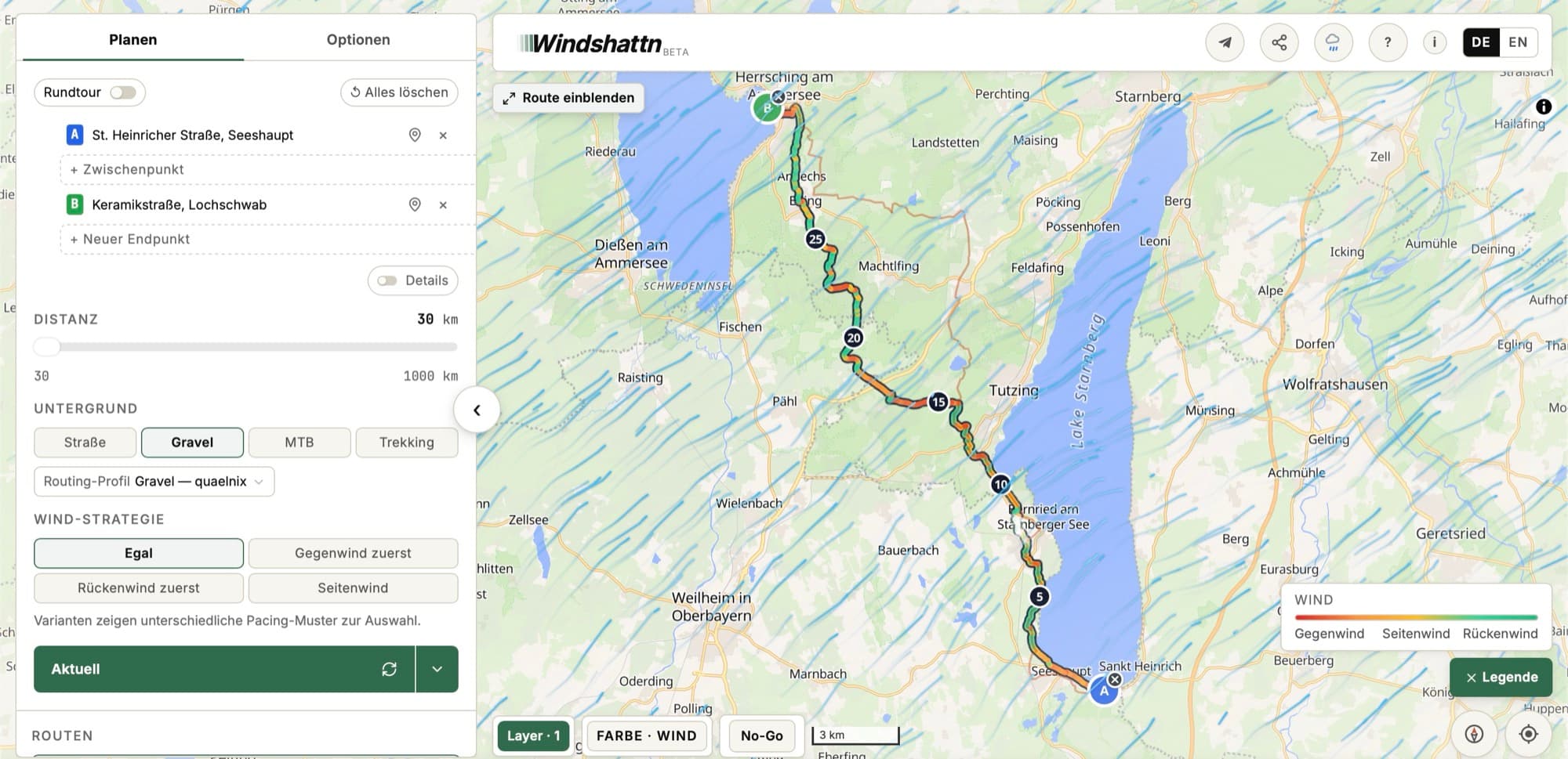 Windshattn-Planer mit einer A-nach-B-Strecke: Rundtour-Toggle aus, Start- und Zielpunkt, direkte Route auf der Karte