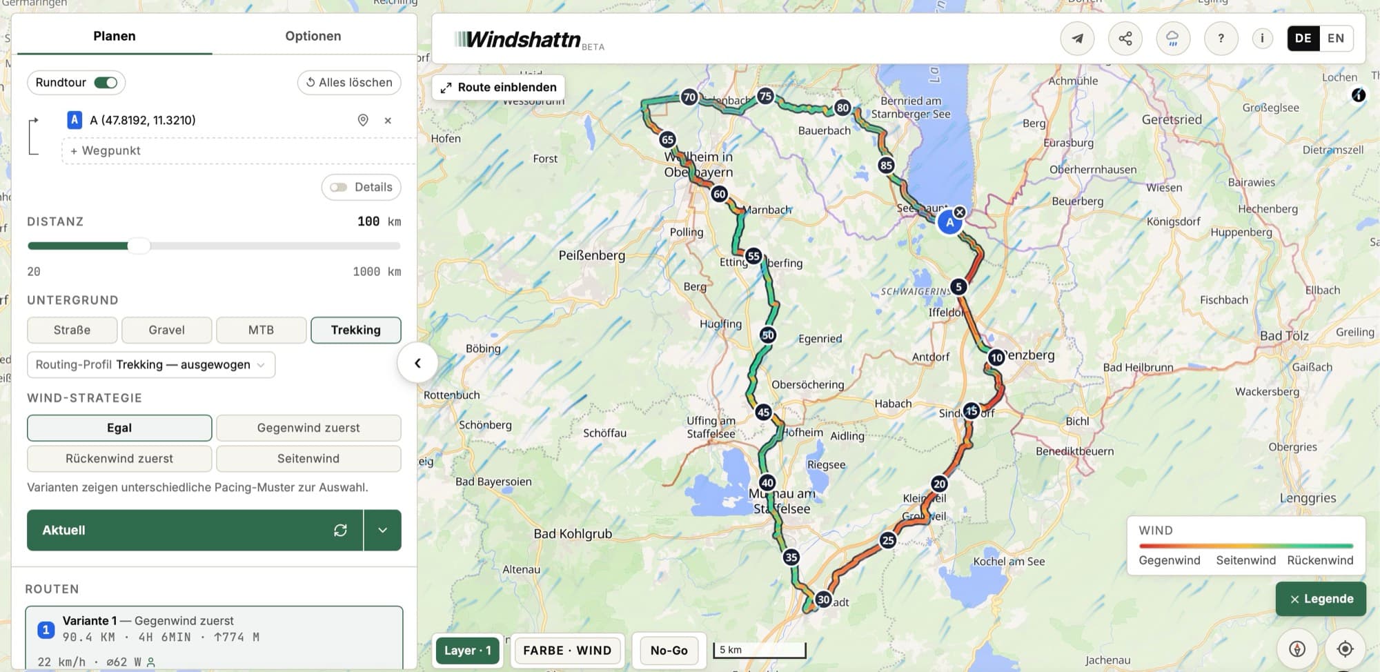 Windshattn-Planer mit einer Rundtour: Rundtour-Toggle aktiv, 100 km Wunschlänge, geschlossene Schleife auf der Karte