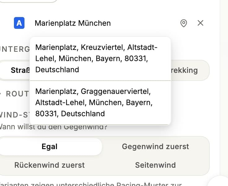 Adress-Suche im Planer mit Vorschlagsliste für den Startpunkt