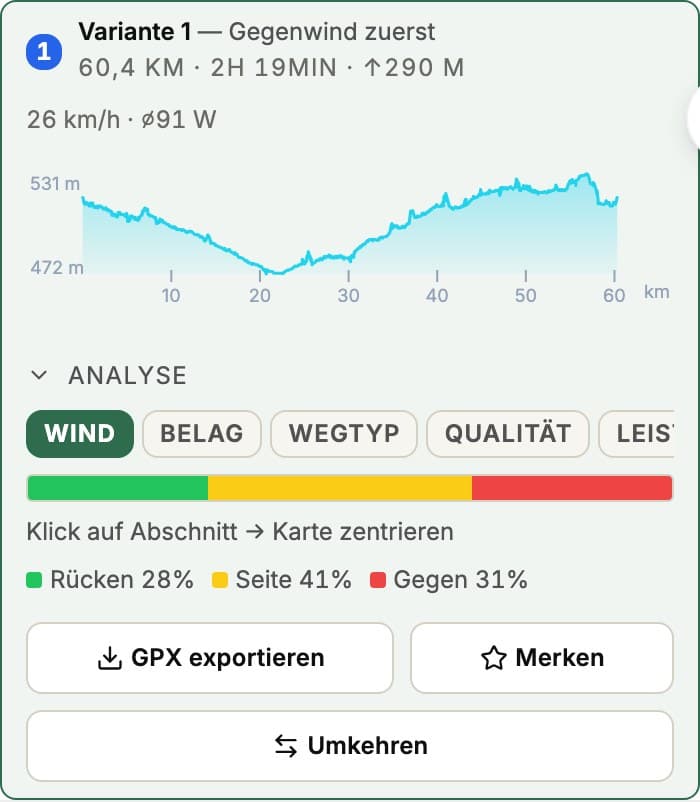 Varianten-Karte mit Wind-Score, Höhenprofil und GPX-Export